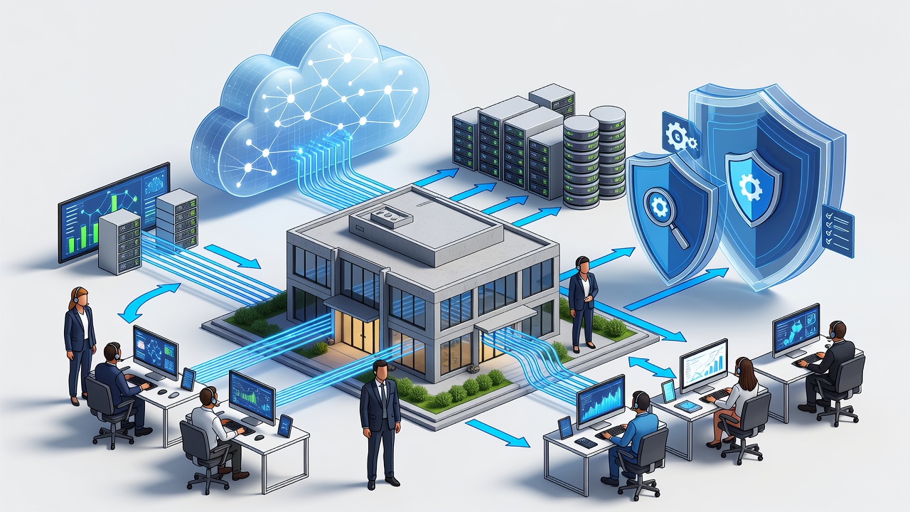 Clean technical diagram showing Orlando business network connected to cloud services, backup systems, cybersecurity layers, and local support team with labeled components for monitoring, encryption, and compliance.