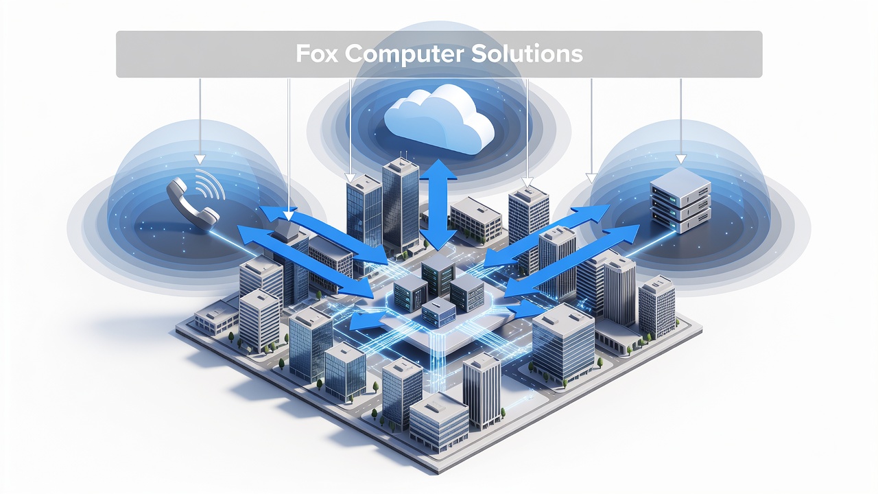 Clean technical diagram showing Orlando business network connected to cloud services, backup systems, VoIP, and security layers with Fox Computer Solutions support overlay