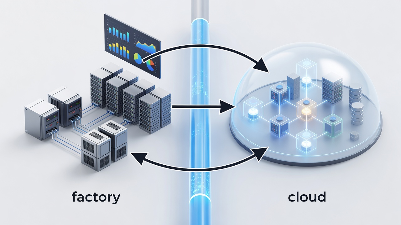 Clean technical diagram showing secure hybrid cloud architecture connecting factory PLC systems to Microsoft Azure via encrypted VPN with monitoring dashboards