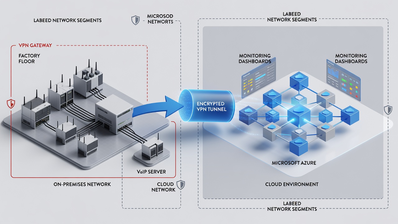 Clean technical diagram showing secure VoIP architecture connecting factory PLC systems to Microsoft Azure via encrypted VPN with monitoring dashboards and labeled network segments.