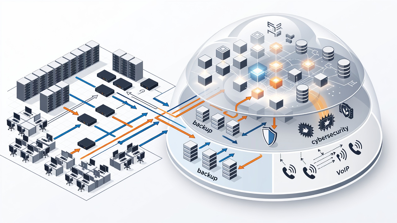 Clean technical diagram showing Tallahassee enterprise network connected to hybrid cloud with labeled components for backup, cybersecurity, and VoIP layers