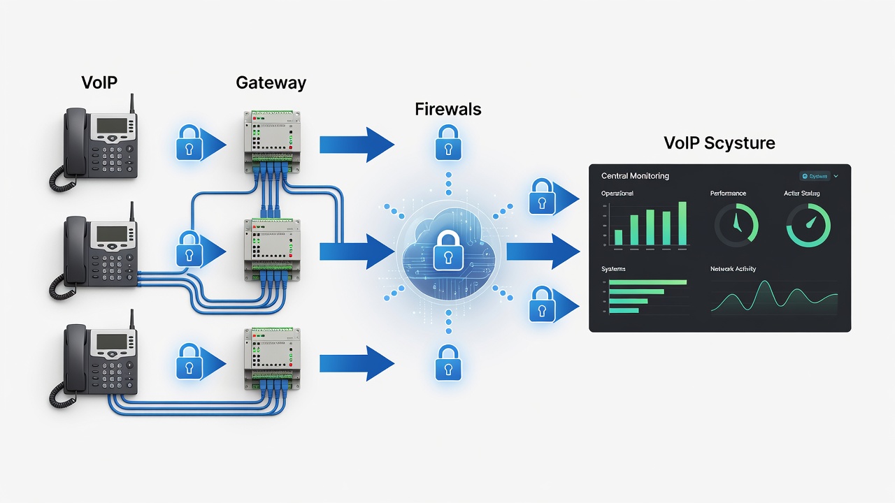 Clean technical diagram showing VoIP system architecture connecting factory floor phones and PLC controllers to a secure central monitoring dashboard via encrypted connections.