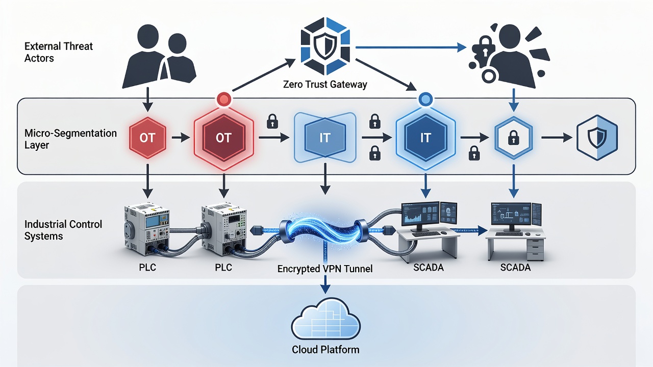 Clean technical diagram showing zero trust micro-segmentation layers protecting PLC and SCADA systems connected to Azure via encrypted VPN