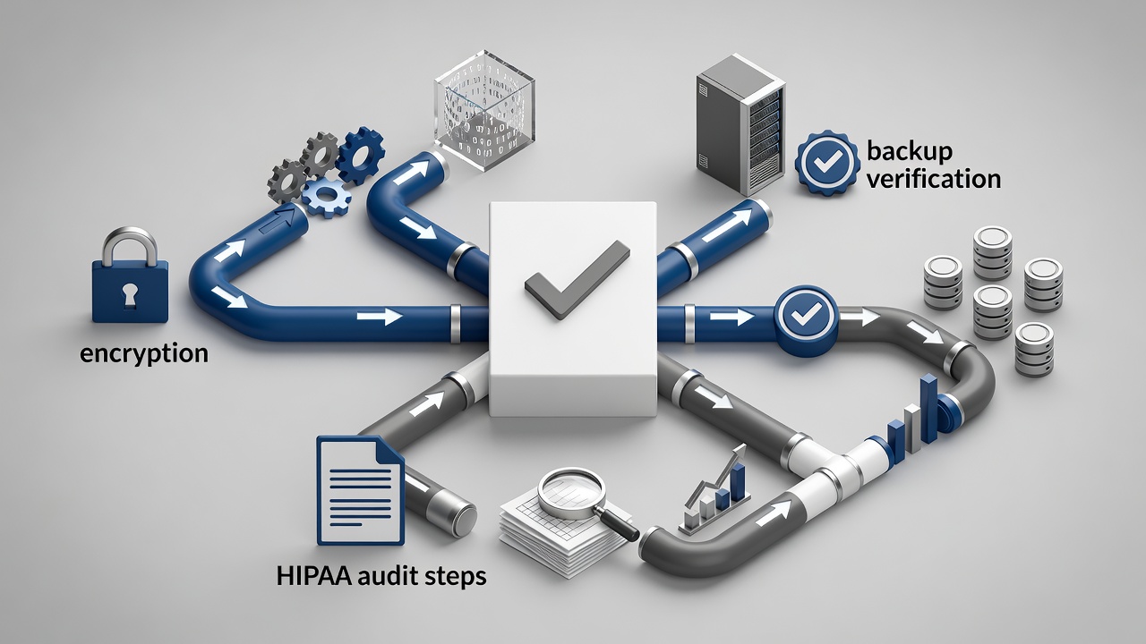 Clear conceptual diagram of a compliance checklist visual for Fort Lauderdale Managed IT Services highlighting encryption, backup verification, and HIPAA audit steps.