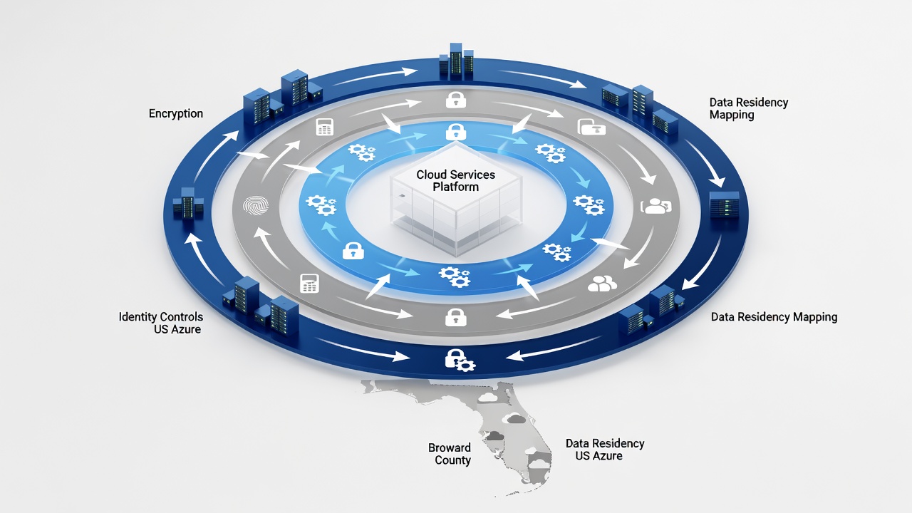 Conceptual diagram illustrating Fort Lauderdale Cloud Services security layers including encryption, identity controls, and data residency mapping to US Azure regions for Broward County compliance.