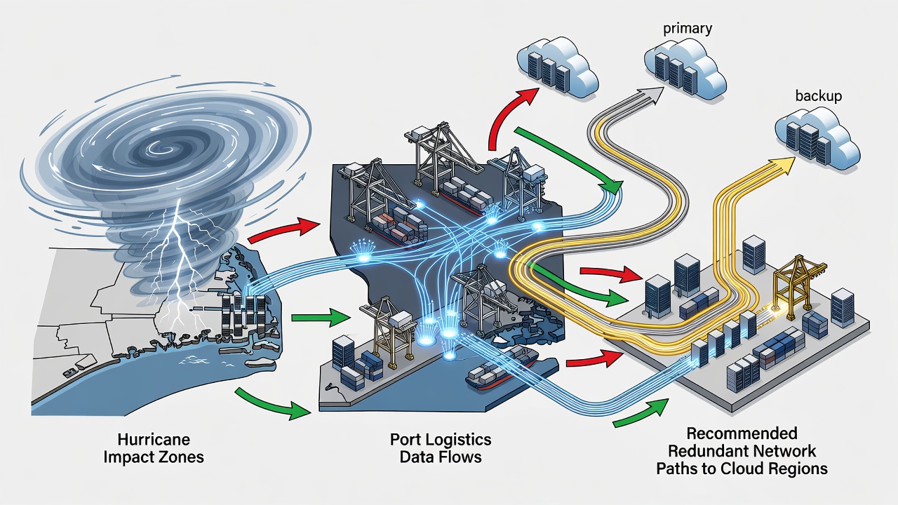 Conceptual diagram mapping Jacksonville-specific IT risks including hurricane impact zones, port logistics data flows, and recommended redundant network paths to cloud regions.