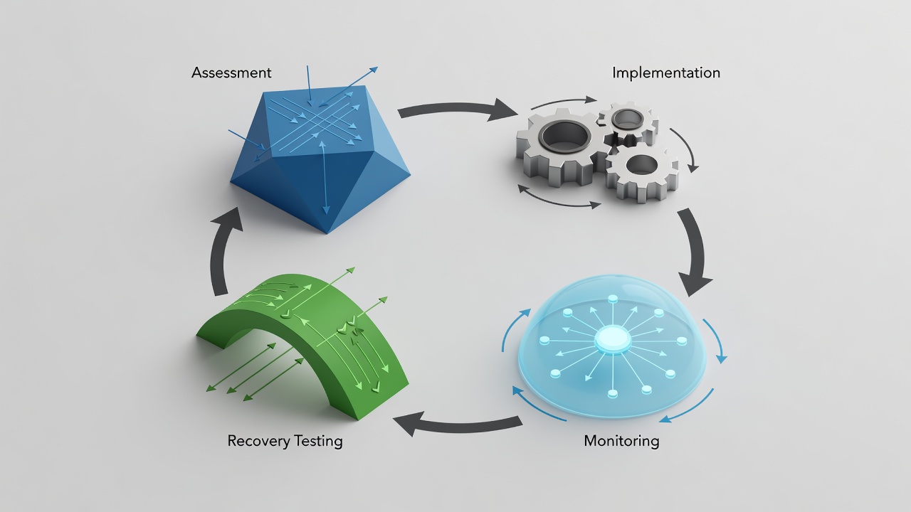 Conceptual diagram of quarterly IT review cycle for Miami businesses showing assessment, implementation, monitoring, and recovery testing stages in a circular flow.