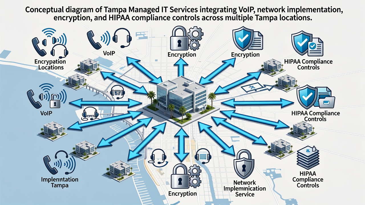 Conceptual diagram of Tampa Managed IT Services integrating VoIP, network implementation, encryption, and HIPAA compliance controls across multiple Tampa locations.