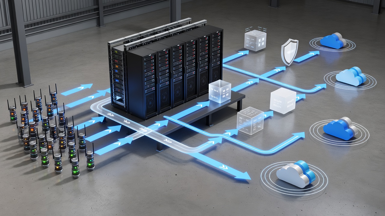Conceptual flow diagram illustrating data movement between Orlando manufacturing IoT devices, on-premises servers, and US Azure regions with compliance checkpoints.