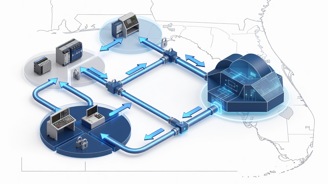 Conceptual flow diagram of zero-trust micro-perimeters protecting PLC and SCADA segments with hybrid encryption channels connecting to Azure Arc governance in Central Florida manufacturing facilities