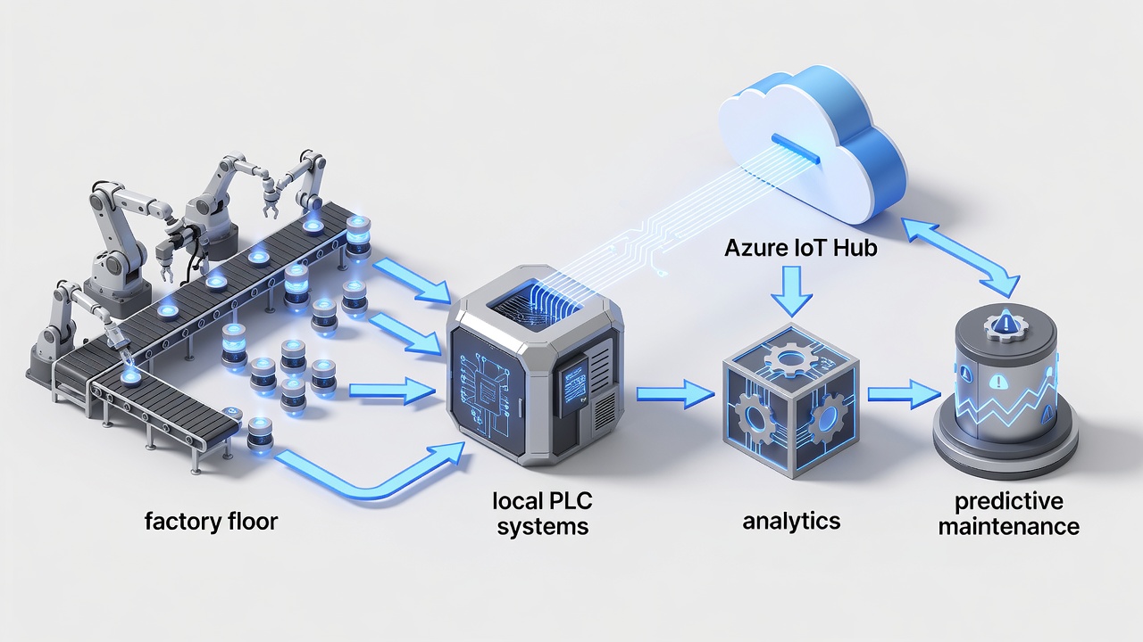 Conceptual flowchart illustrating IoT Edge data flow from Tallahassee factory floor sensors through local PLC systems to Azure IoT Hub for analytics and predictive maintenance.