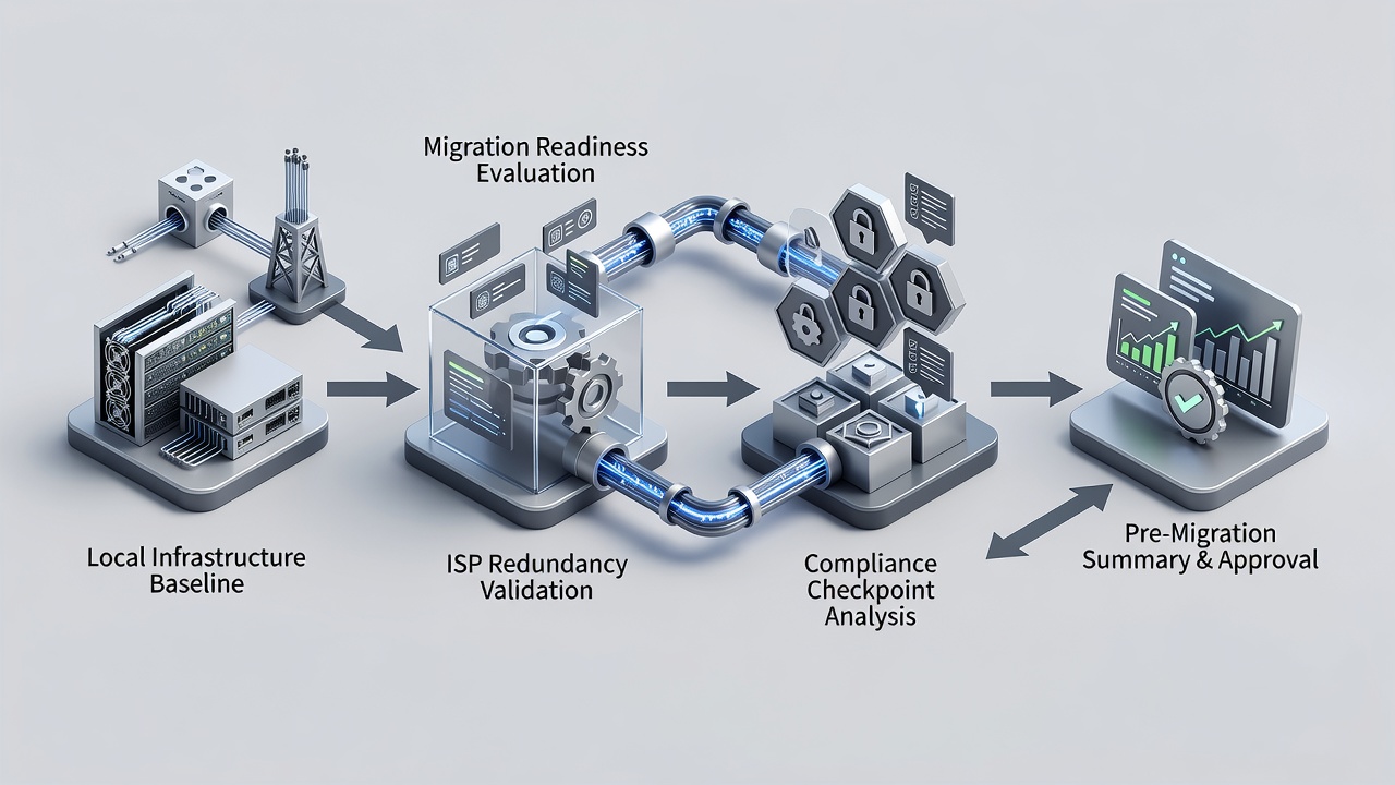 Conceptual flowchart of pre-migration assessment phases for Jacksonville Cloud Services highlighting local ISP redundancy and compliance checkpoints.