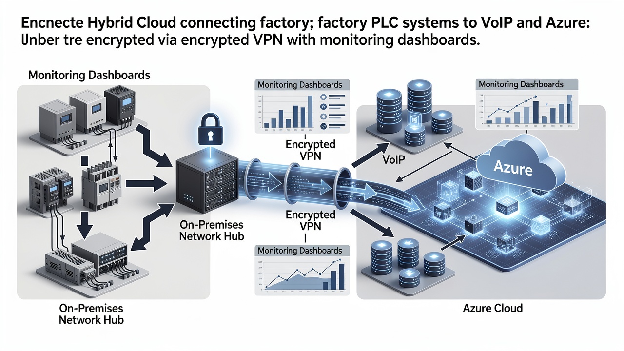 Detailed description of a secure hybrid cloud architecture diagram connecting factory PLC systems to VoIP and Azure via encrypted VPN with monitoring dashboards