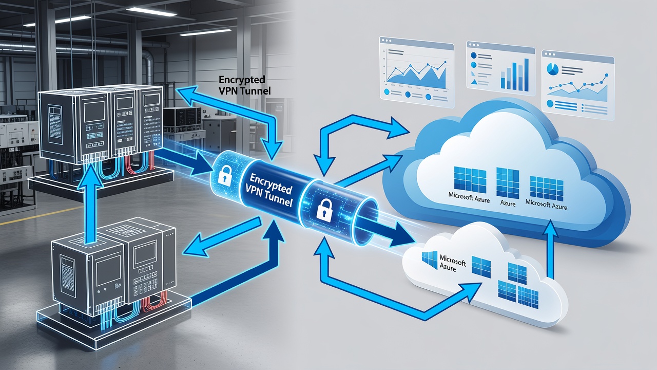 Detailed description of secure hybrid cloud architecture connecting factory PLC systems to Microsoft Azure via encrypted VPN with monitoring dashboards for Central Florida manufacturers