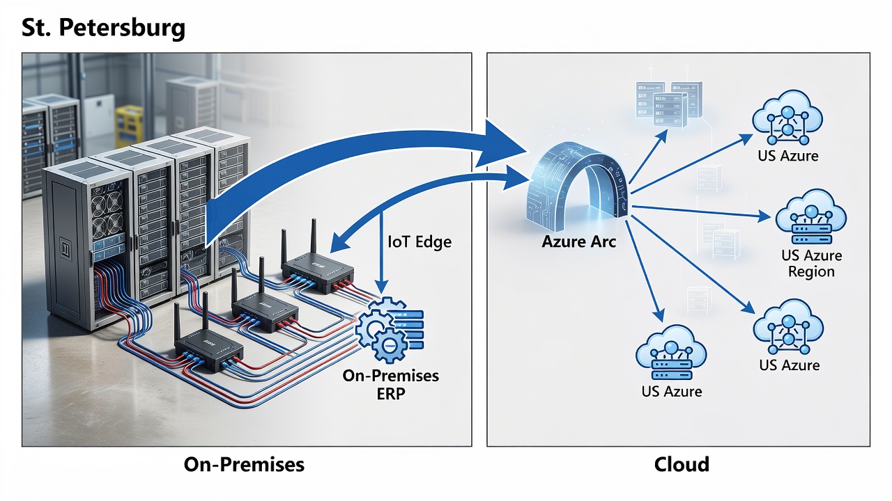 Detailed diagram of hybrid cloud architecture for St. Petersburg manufacturing plants showing on-premises servers, Azure Arc, IoT Edge devices, ERP systems, and secure connectivity to US Azure regions.