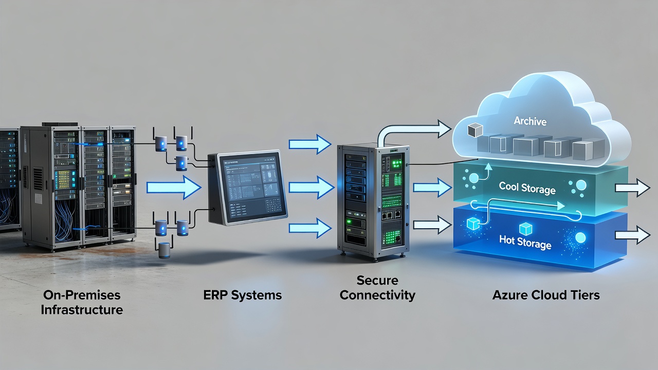 Detailed diagram of hybrid data backup architecture showing on-premises servers, Azure cloud tiers, IoT sensors, ERP systems, and secure connectivity for Orlando manufacturing plants.