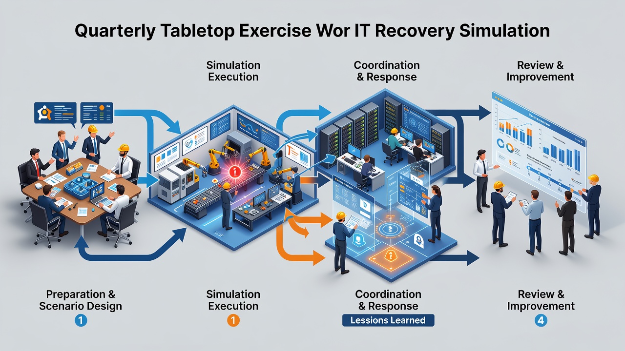 Detailed diagram of quarterly tabletop exercise workflow for manufacturing IT recovery simulation with plant teams and IT staff coordination steps.