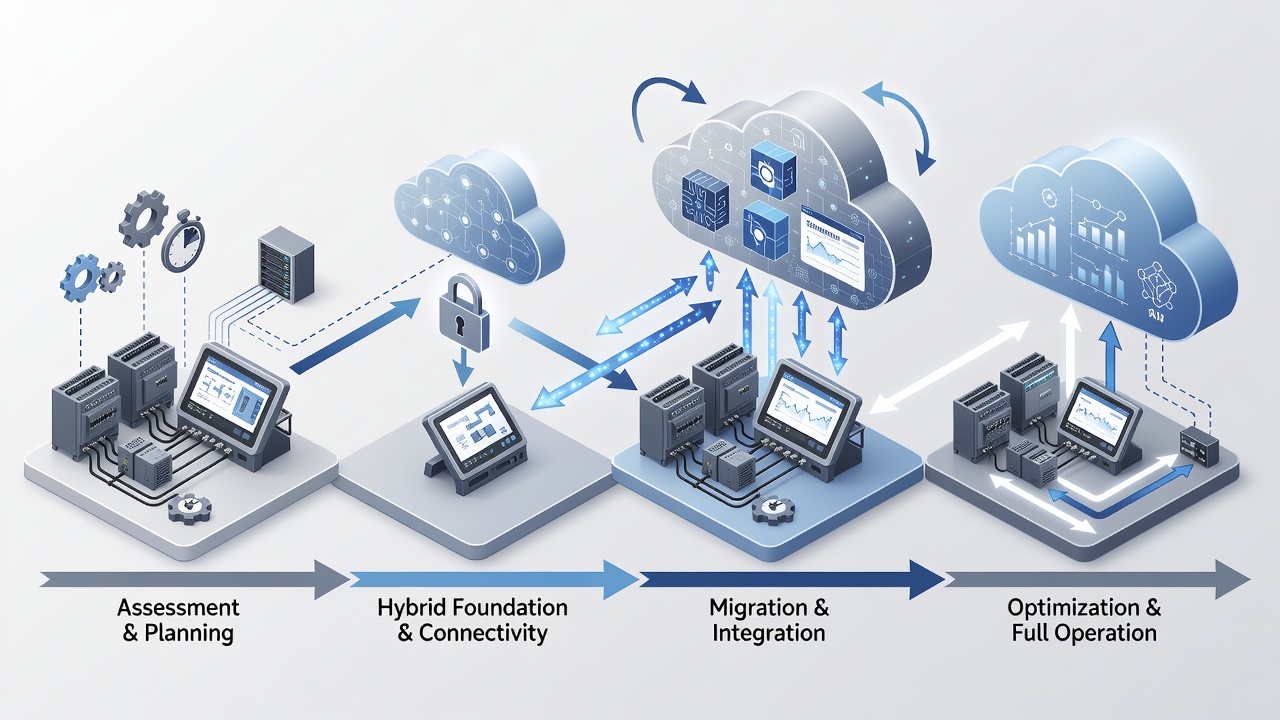Detailed diagram showing phased hybrid Azure migration timeline for manufacturing facilities with PLC and SCADA integration points