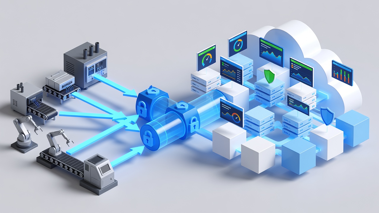 Detailed diagram showing secure hybrid cloud architecture connecting factory PLC systems to Microsoft Azure via encrypted VPN with monitoring dashboards for Orlando manufacturers