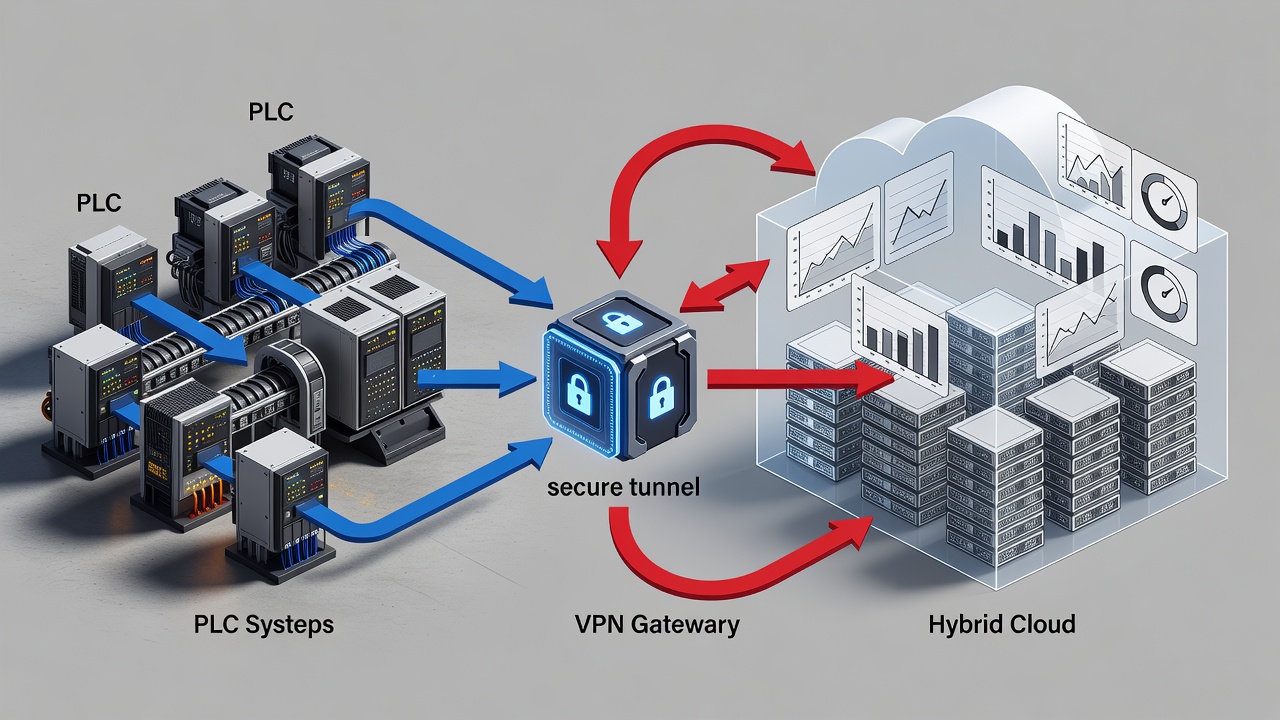 Detailed diagram showing secure hybrid cloud architecture connecting factory PLC systems to Microsoft Azure via encrypted VPN with monitoring dashboards for Orlando manufacturers
