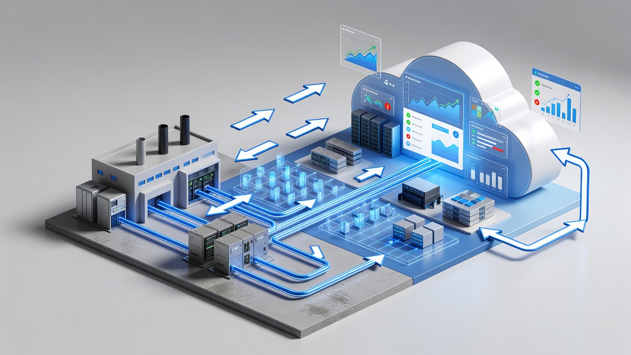 Detailed diagram showing secure hybrid cloud architecture connecting factory PLC systems to Microsoft Azure via encrypted VPN with monitoring dashboards for Orlando manufacturers