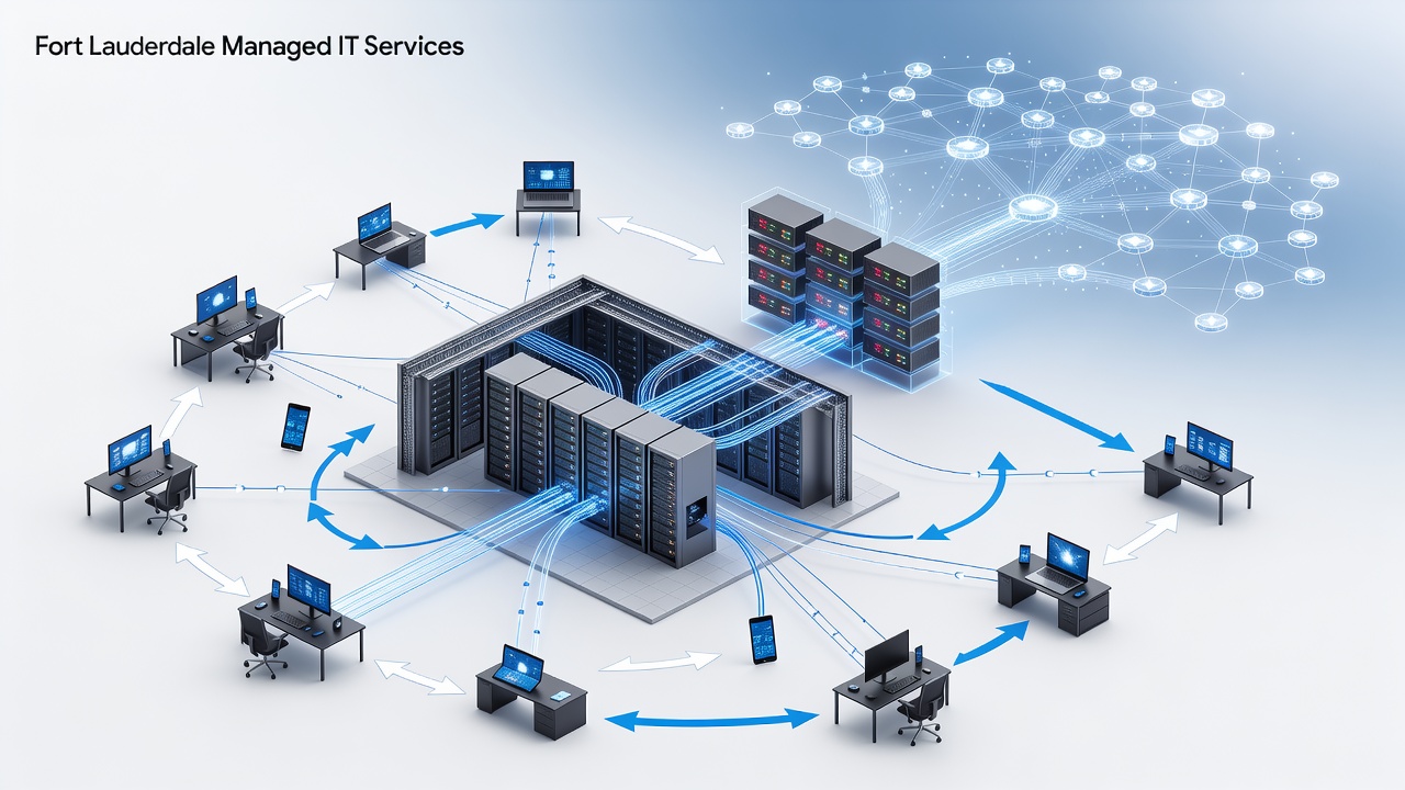 Detailed educational diagram showing a Fort Lauderdale business network topology with on-premises servers, cloud connections, firewall layers, and endpoint devices labeled for Managed IT Services components.