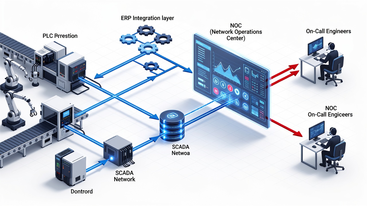 Detailed technical diagram showing real-time production line monitoring with PLCs, SCADA networks, and ERP connections feeding into a central NOC dashboard with escalation paths to on-call engineers.