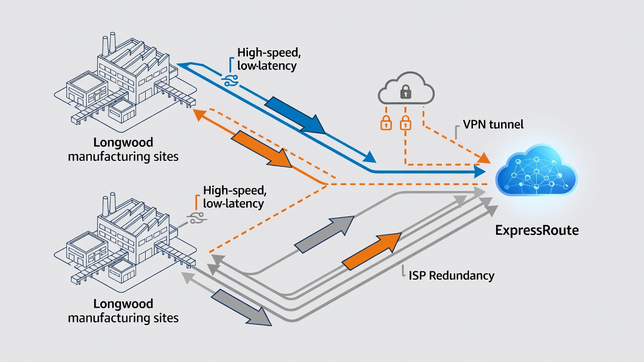 Diagram illustrating network connectivity options between Longwood manufacturing sites and Azure, showing ExpressRoute, VPN, and ISP redundancy paths.