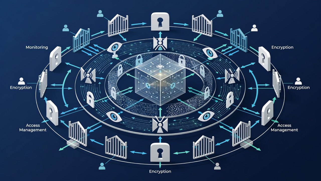 Diagram of layered security controls including encryption, monitoring, and access management for Orlando business environments