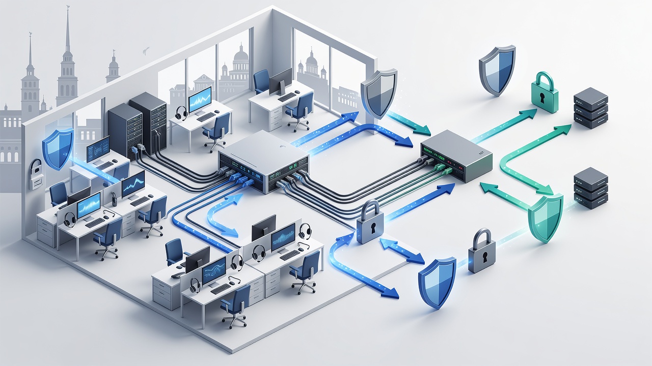 Diagram of VoIP and encryption integration in a St. Petersburg office environment with HIPAA controls