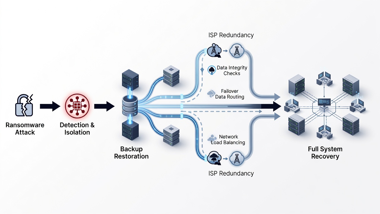 Diagram showing ransomware recovery timeline with Longwood-specific ISP redundancy paths