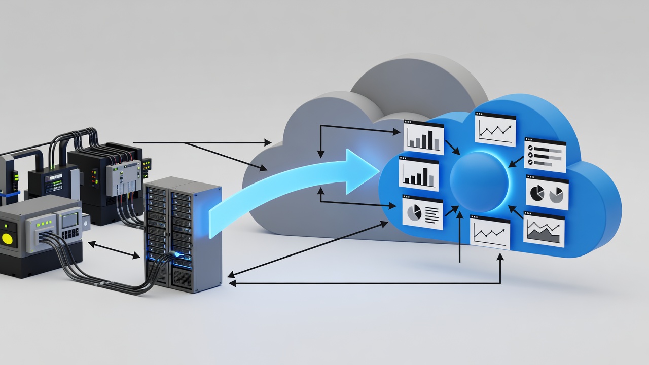 Diagram showing secure hybrid cloud architecture connecting factory PLC systems to Microsoft Azure via encrypted VPN with monitoring dashboards for Central Florida manufacturers