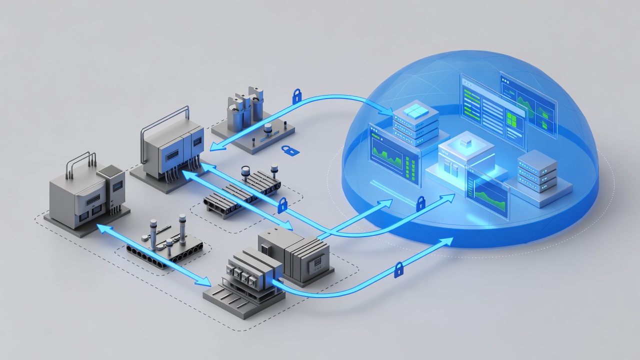 Editorial diagram showing secure hybrid cloud architecture connecting factory PLC systems to Microsoft Azure via encrypted VPN with monitoring dashboards