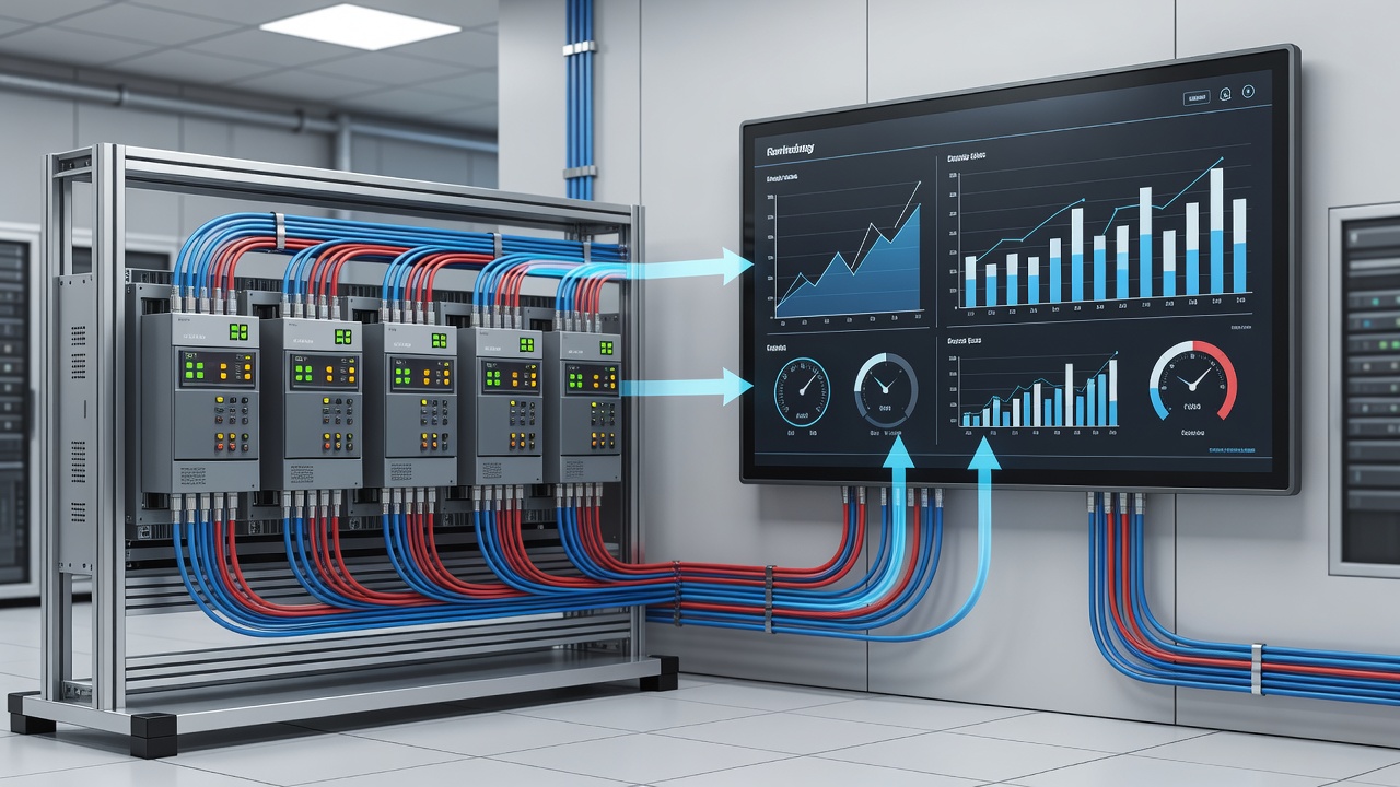 Editorial photograph of a clean industrial control room with PLC panels connected via secure network cabling to a monitoring dashboard, soft studio lighting, professional technical atmosphere