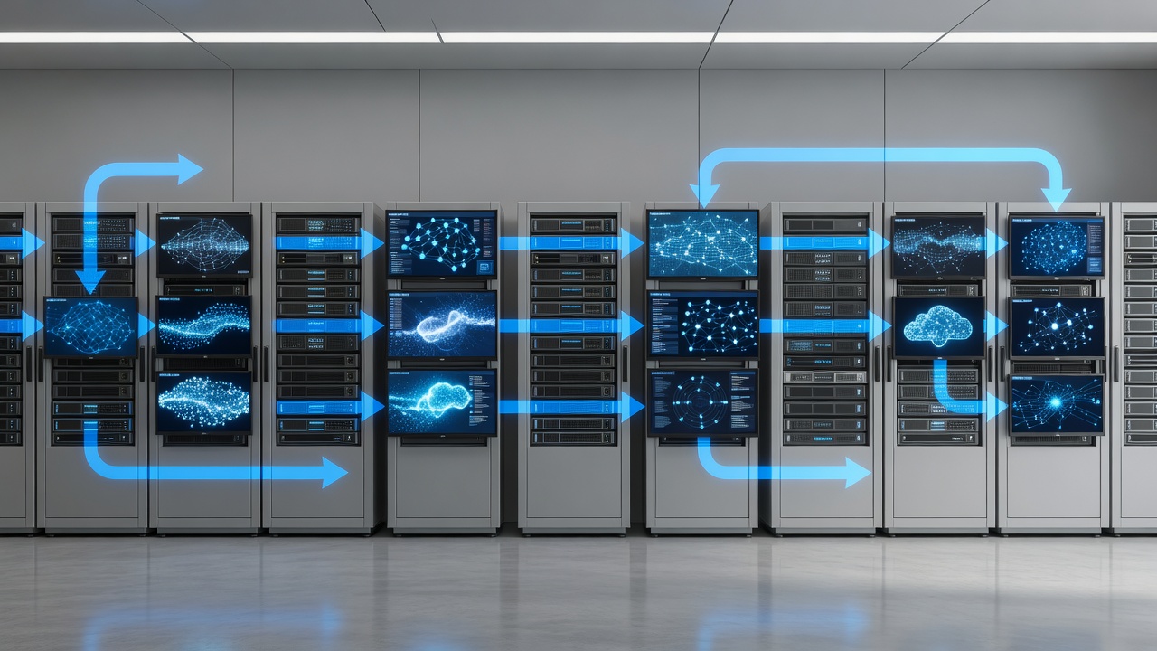 Editorial photograph of a clean industrial control room with secure network racks and monitoring screens displaying hybrid cloud dashboards under soft studio lighting