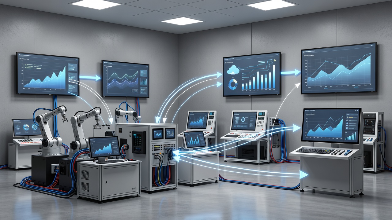 Editorial photograph of a modern manufacturing control room with industrial equipment connected to cloud monitoring dashboards under studio lighting.