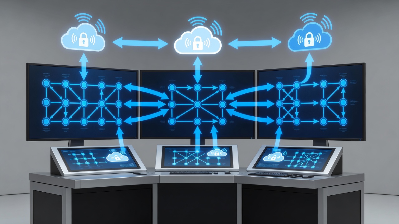 Editorial photograph of a modern manufacturing control room with multiple monitors displaying network architecture diagrams and secure cloud connectivity indicators under studio lighting.