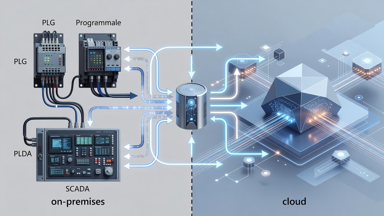 Educational diagram illustrating Azure Arc agent connecting on-premises PLC and SCADA systems to Azure Policy engine with labeled zero-trust verification flows and hybrid boundary lines