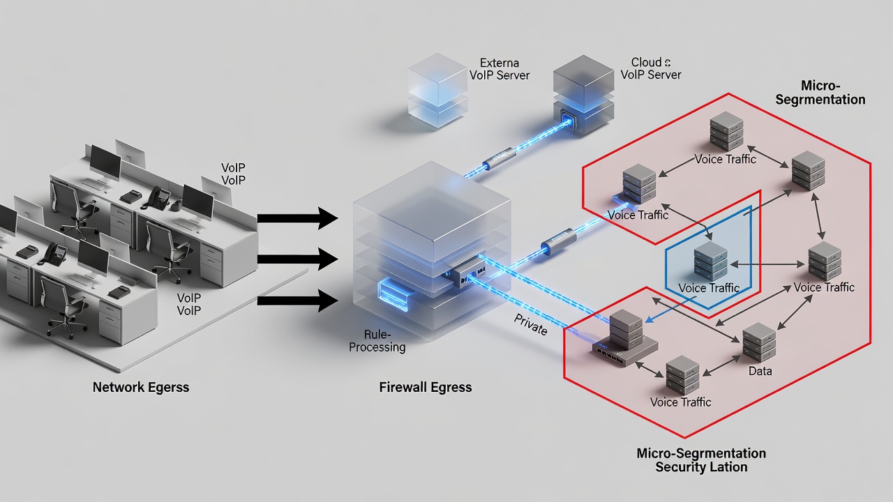 Educational diagram illustrating network implementation steps for VoIP in Orlando real estate offices, including firewall rules, private link connections, and micro-segmentation boundaries