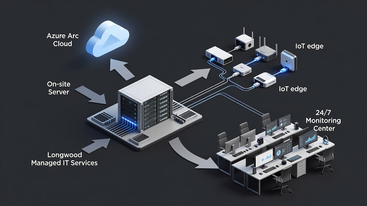 Educational diagram illustrating the core architecture of Longwood Managed IT Services including on-site servers, Azure Arc connectivity, IoT edge devices, and 24/7 monitoring center