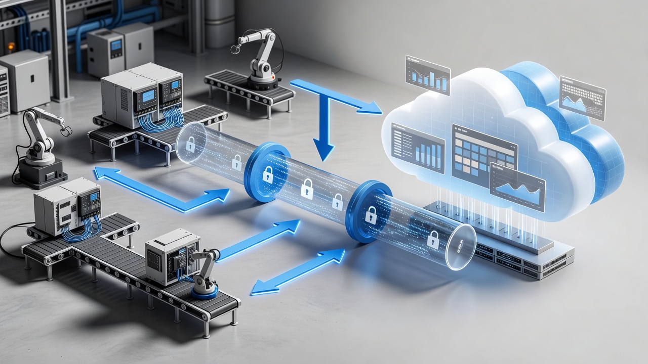Educational diagram of secure hybrid cloud architecture connecting factory PLC systems to Microsoft Azure via encrypted VPN with monitoring dashboards for Central Florida manufacturers