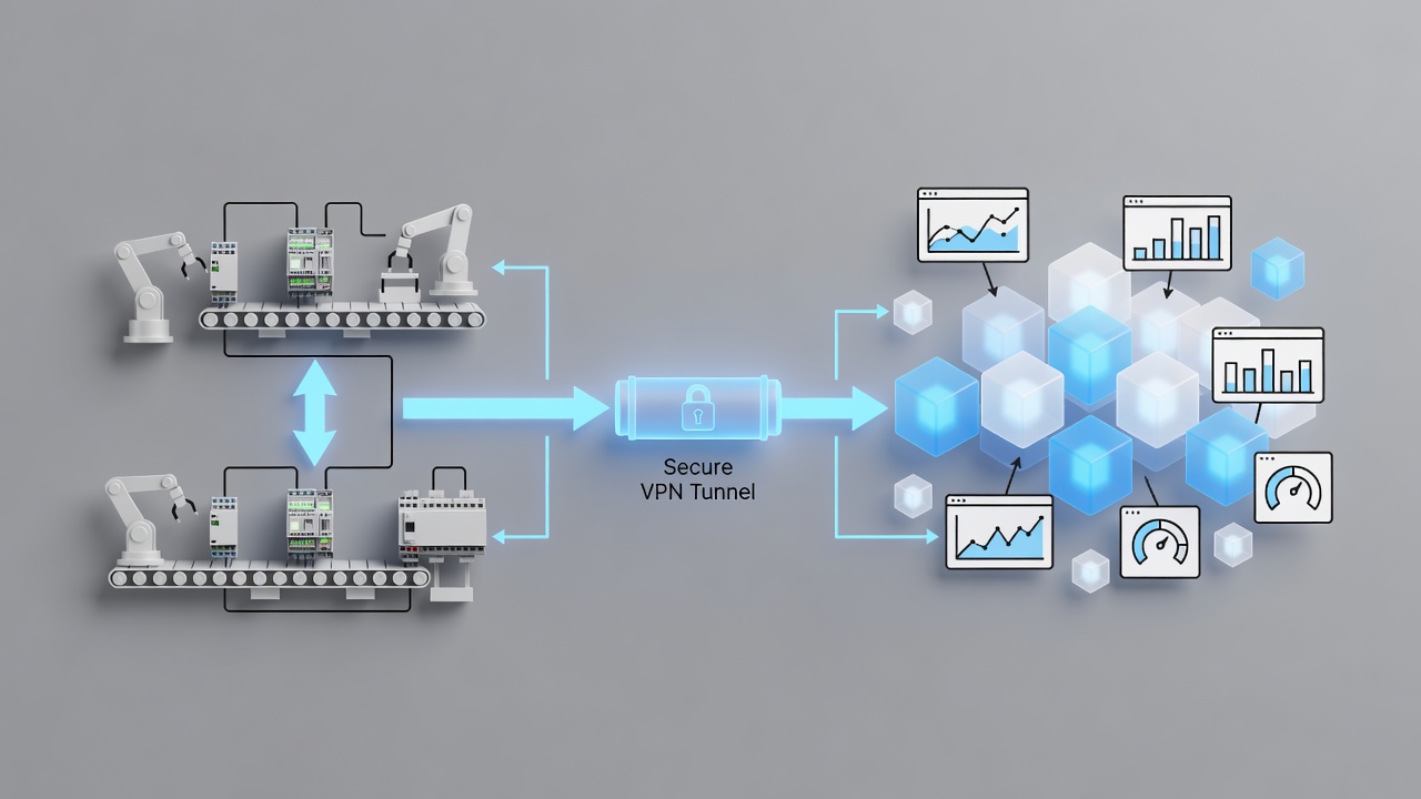 Educational diagram of secure hybrid cloud architecture connecting factory PLC systems to Microsoft Azure via encrypted VPN with monitoring dashboards