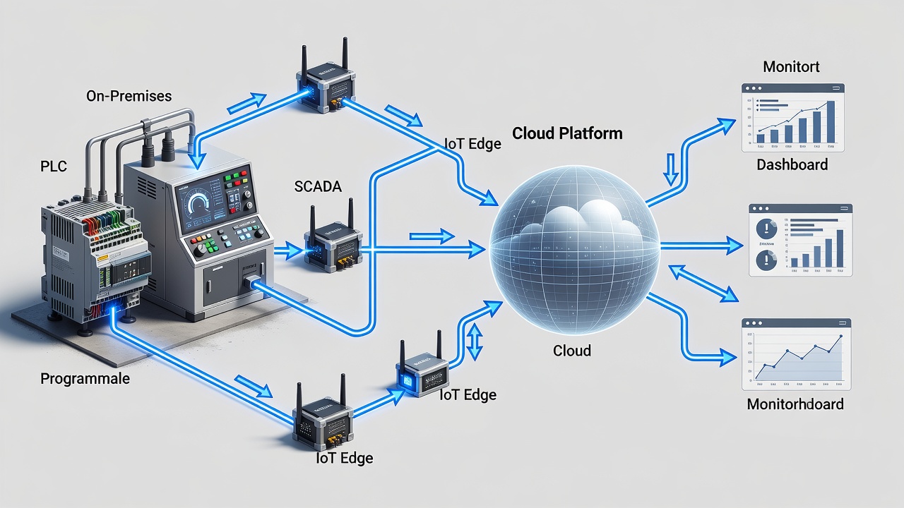 Educational diagram showing Azure Arc connecting factory PLC and SCADA systems to Microsoft Azure through IoT Edge with secure encrypted pathways and monitoring dashboards, clean technical illustration style, professional lighting.