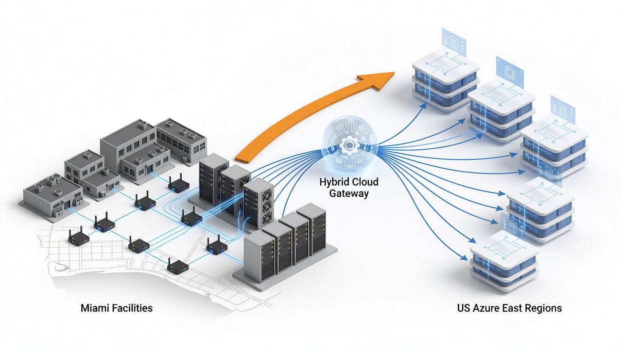 Educational diagram showing hybrid cloud architecture connecting Miami facilities to US Azure East regions with ExpressRoute, IoT Edge devices, and on-premises servers.