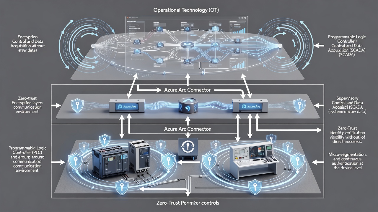 Educational diagram showing OT security controls matrix with zero-trust encryption layers protecting PLC and SCADA systems connected via Azure Arc to hybrid cloud monitoring