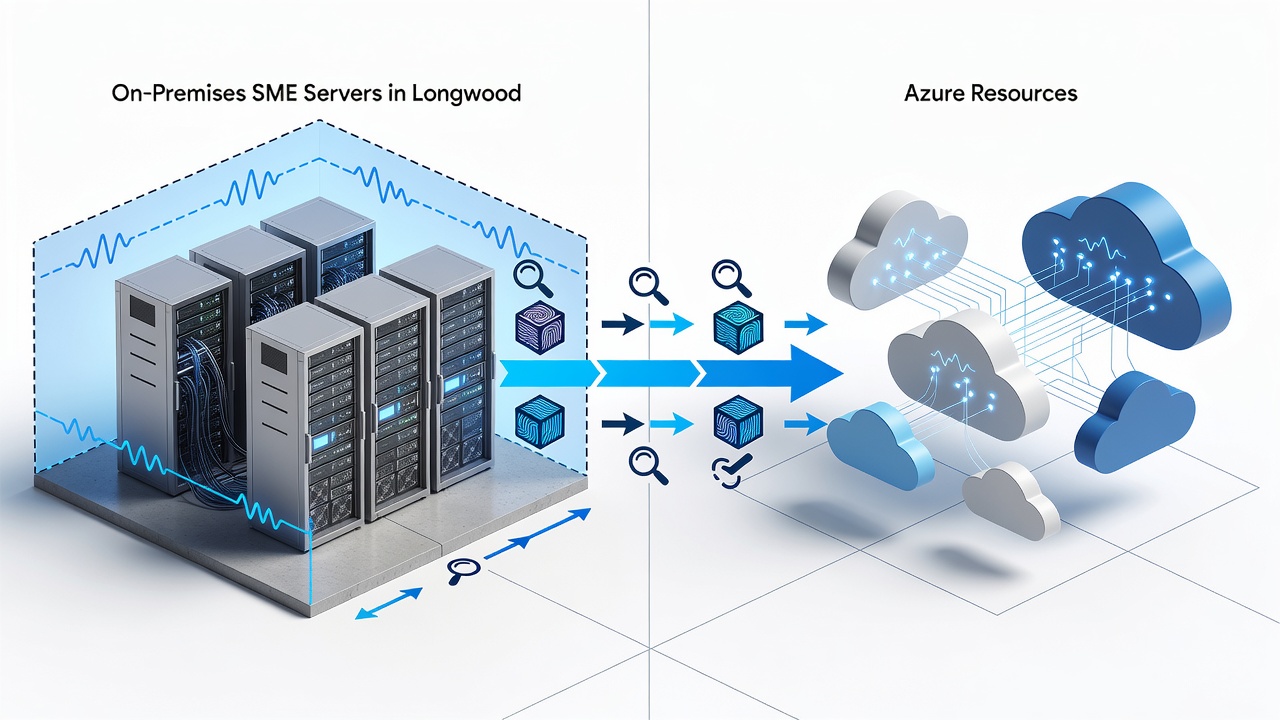 Educational diagram showing zero trust verification flows between on-premises SME servers in Longwood and Azure resources with labeled identity checks and micro-segmentation boundaries