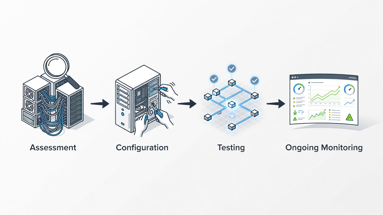 Educational flowchart diagram illustrating the phased implementation process for Fort Lauderdale Managed IT Services including assessment, configuration, testing, and ongoing monitoring stages.