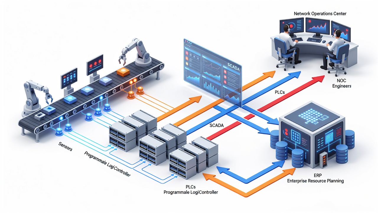 Educational flowchart illustrating real-time production line monitoring protocols with sensors on PLCs, SCADA, and ERP systems escalating to NOC engineers