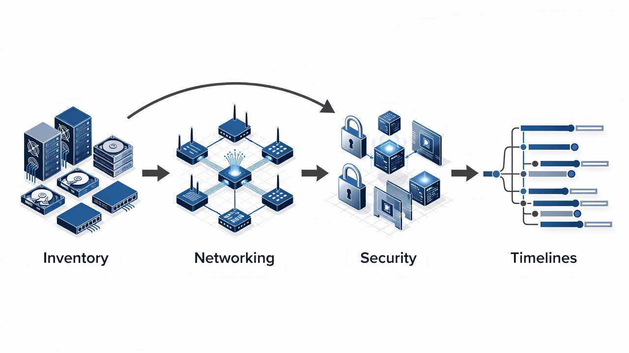 Educational flowchart illustrating the pre-implementation assessment phases for Orlando Data Backup & Recovery including inventory, networking, and security steps with timelines.