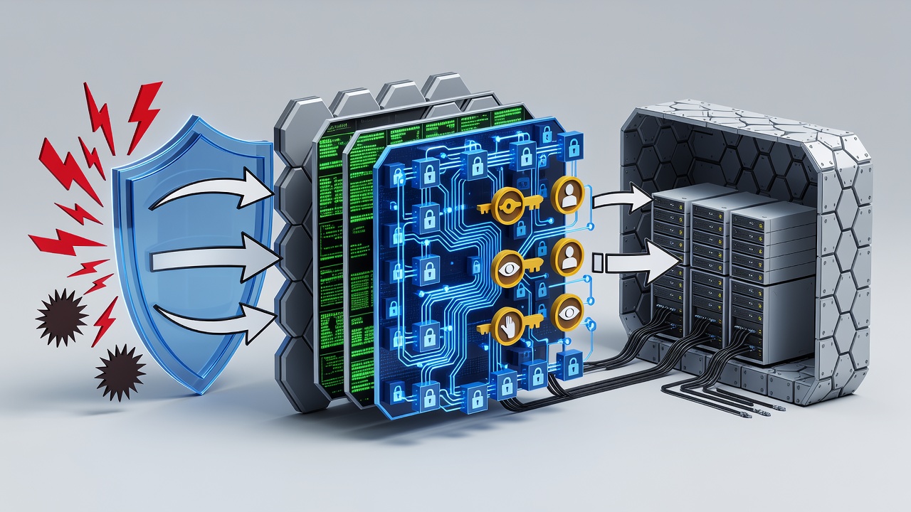 Flow diagram illustrating layered cybersecurity controls and encryption processes protecting Miami business data from external threats to internal systems.